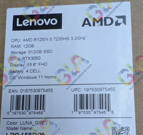 Lenovo LOQ 15ARP9 GAMING AMD Ryzen™ 5 7235HS 512GB SSD 12GB 15.6" (1920x1080) WIN11 LUNA GREY NVIDIA® RTX 3050 6gb Backlit Keyboard