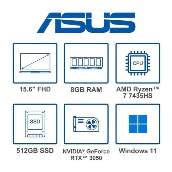 Asus TUF FA506NCR-WH71 GAMING AMD Ryzen™ 7 7435HS 512GB SSD 8GB 15.6" (1920x1080) 144HZ WIN11 NVIDIA® RTX 3050 4096MB GRPAHITE BLACK Backlit Keyboard