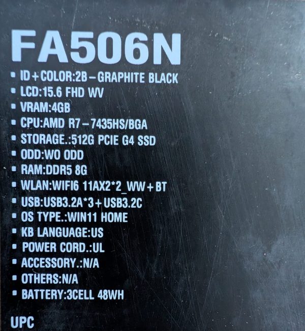 Asus TUF FA506NCR-WH71 GAMING AMD Ryzen™ 7 7435HS 512GB SSD 16GB DDR5 15.6" (1920x1080) 144HZ WIN11 NVIDIA® RTX 3050 4096MB GRPAHITE BLACK Backlit Keyboard RGB