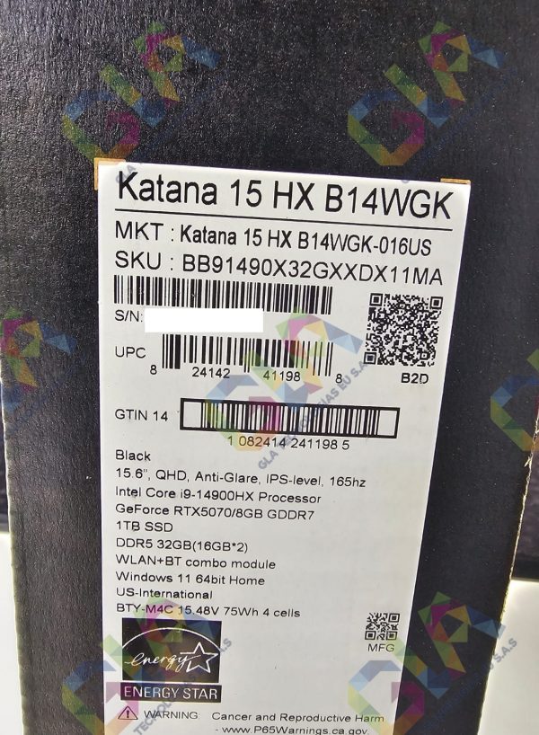 MSI KATANA 15 HX B14WGK GAMING Core™ i9-14900HX 1TB SSD 32GB 15.6" (2560x1440) 165Hz WIN11 NVIDIA® RTX 5070 8192MB BLACK Backlit Keyboard  -   Katana 15 HX B14WGK-016US