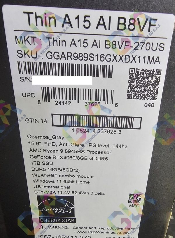 MSI THIN A15 B8VF-270 GAMING AMD Ryzen™ 9 8945HS 1TB SSD 16GB 15.6" (1920x1080) 144Hz IPS WIN11 NVIDIA® RTX 4060 8192MB BLACK Backlit Keyboard  -   Thin A15 B8VF-270US