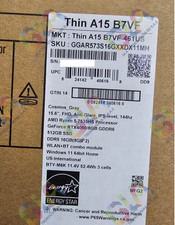 MSI THIN A15 B7VF-461 GAMING Ryzen™ 5 7535HS 512GB SSD 16GB 15.6" (1920x1080) 144Hz IPS WIN11 NVIDIA® RTX 4060 8192MB COSMO GRAY Backlit Keyboard ingles