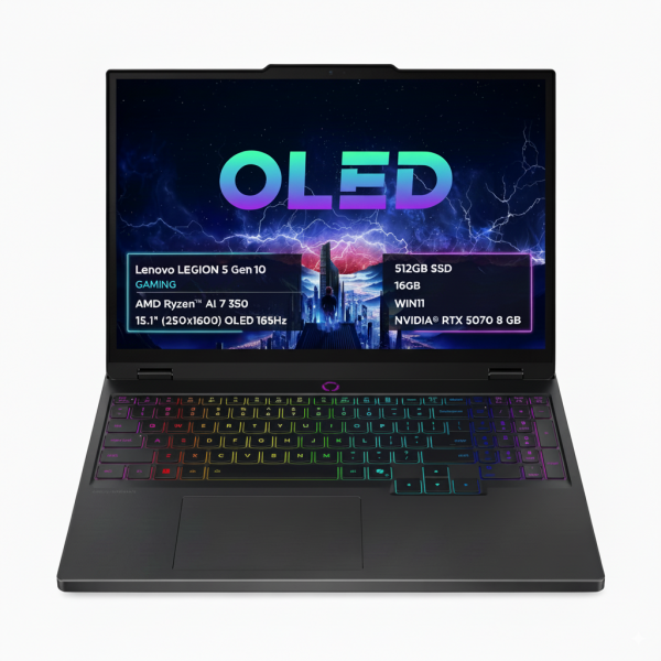 Lenovo LEGION 5 Gen 10 GAMING AMD Ryzen™ AI 7 350 512GB SSD 16GB 15.1" (2560x1600) OLED 165Hz WIN11 NVIDIA® RTX 5070 8192MB ECLIPSE BLACK Backlit Keyboard