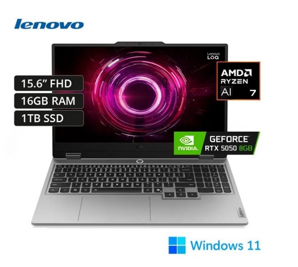Lenovo LOQ 15AHP10 GAMING AMD Ryzen™ 7 250 1TB SSD 16GB 15.6" (1920x1080) 144Hz WIN11 LUNA GRAY NVIDIA® RTX 5050 8192MB Backlit Keyboard  INGLES -   83JG000FUS