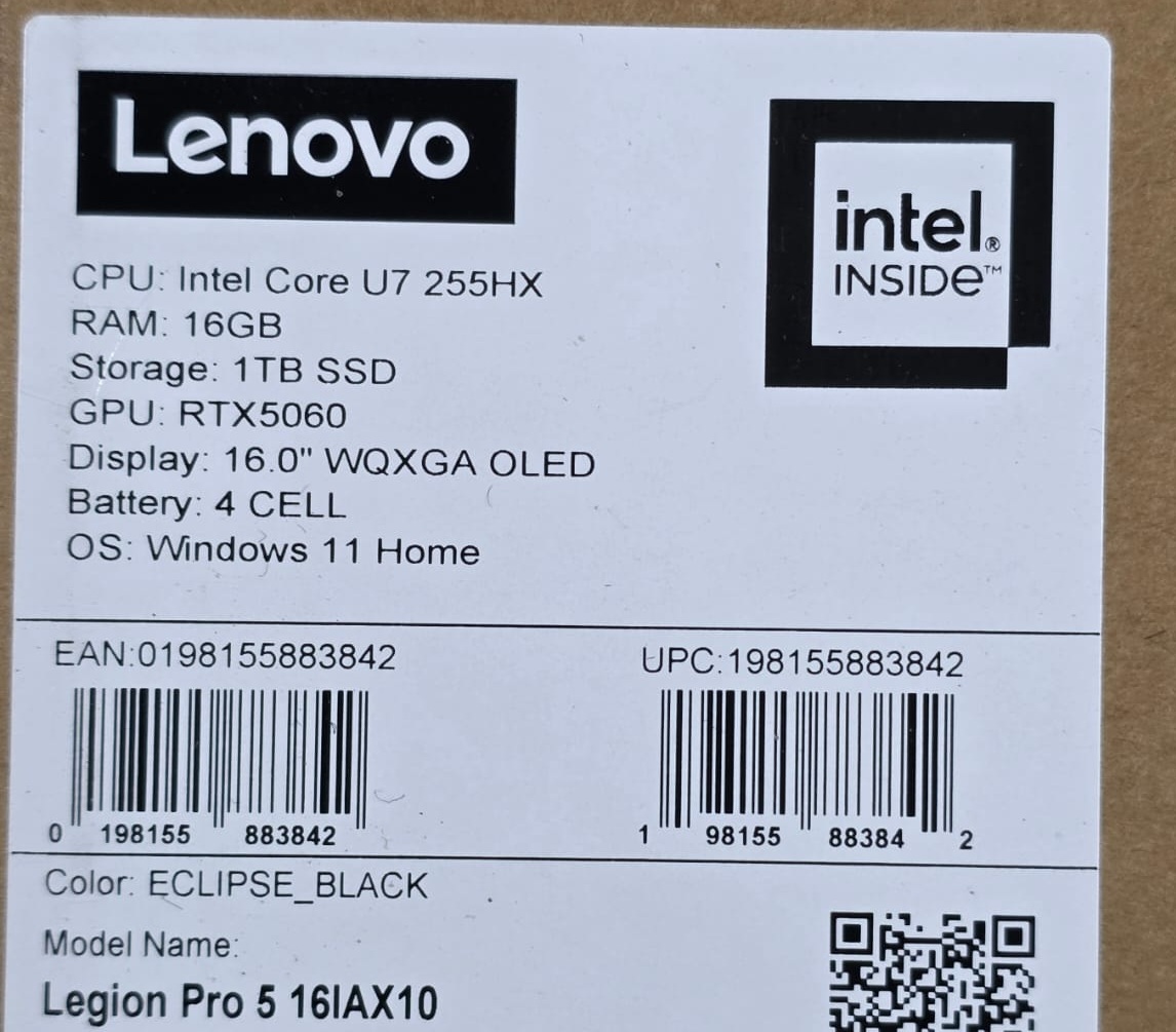 Lenovo LEGION PRO 5 16IAX10 GAMING Core™ ULTRA 7 255HX 1TB SSD 16GB 16" (2560x1600) OLED 165Hz WIN11 NVIDIA® RTX 5060 8192MB ECLIPSE BLACK RGB Backlit Keyboard - 83F30009US